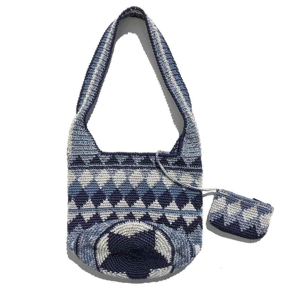 crochet hobo bag bucket bag boho shoulder bag navy blue gray purse festival